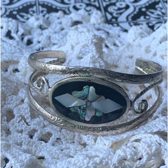 HECHOEN MEXICO Silver Abalone MOP Shell Cuff Bracelet Woman’s Jewelry Butterfly - Picture 3 of 10